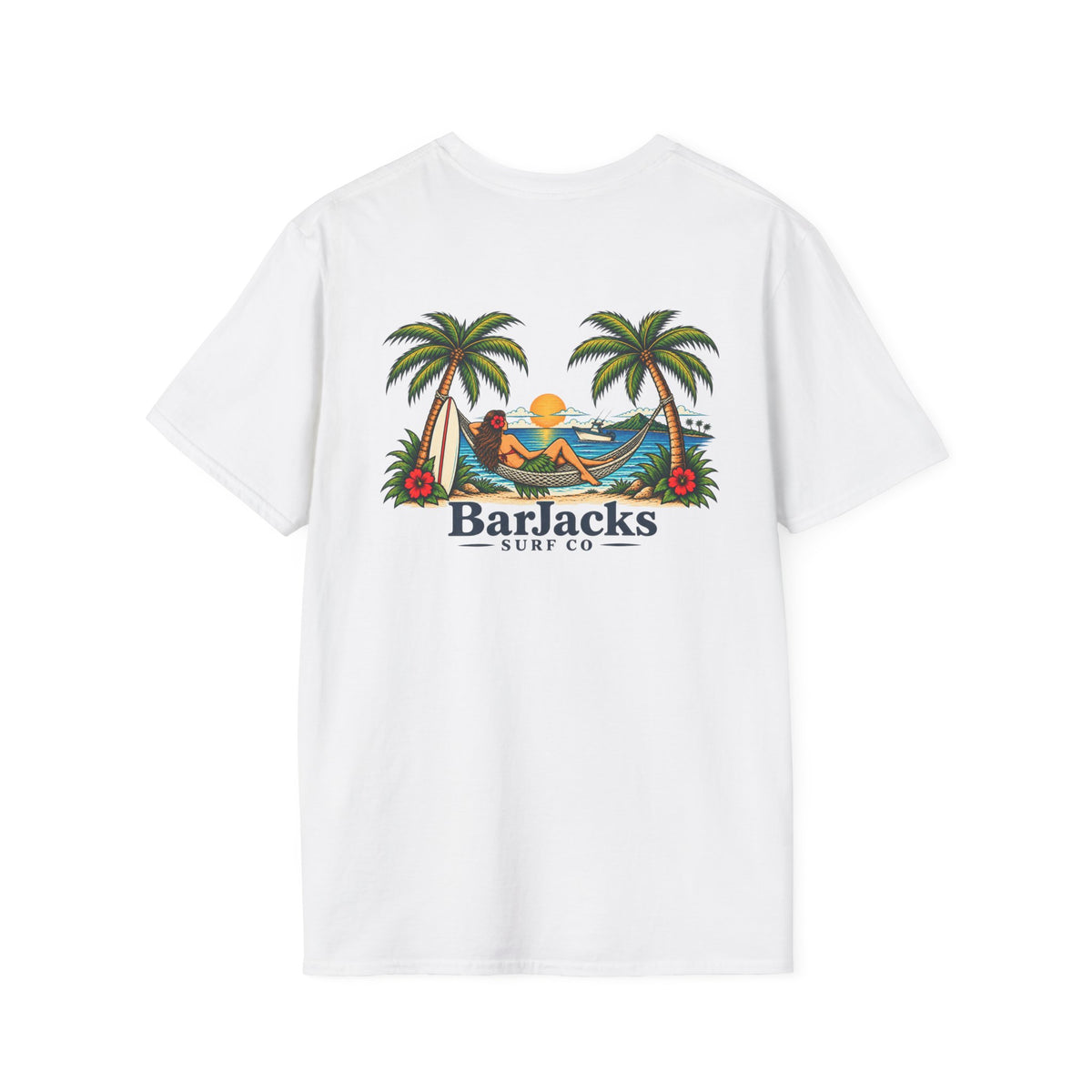 Bar Jacks Surf Co Hula Girl Hammock T-Shirt, white, back print: hula girl in a hammock between two palm trees at sunset