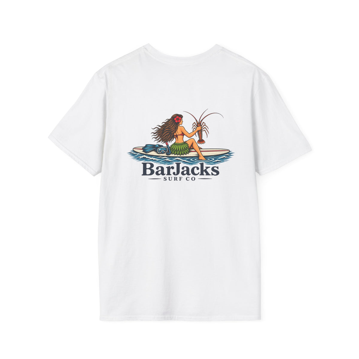 Bar Jacks Surf Co Hula Girl Lobster T-Shirt, white, back print: hula girl on a surfboard holding a spiny lobster with fins, mask and snorkel