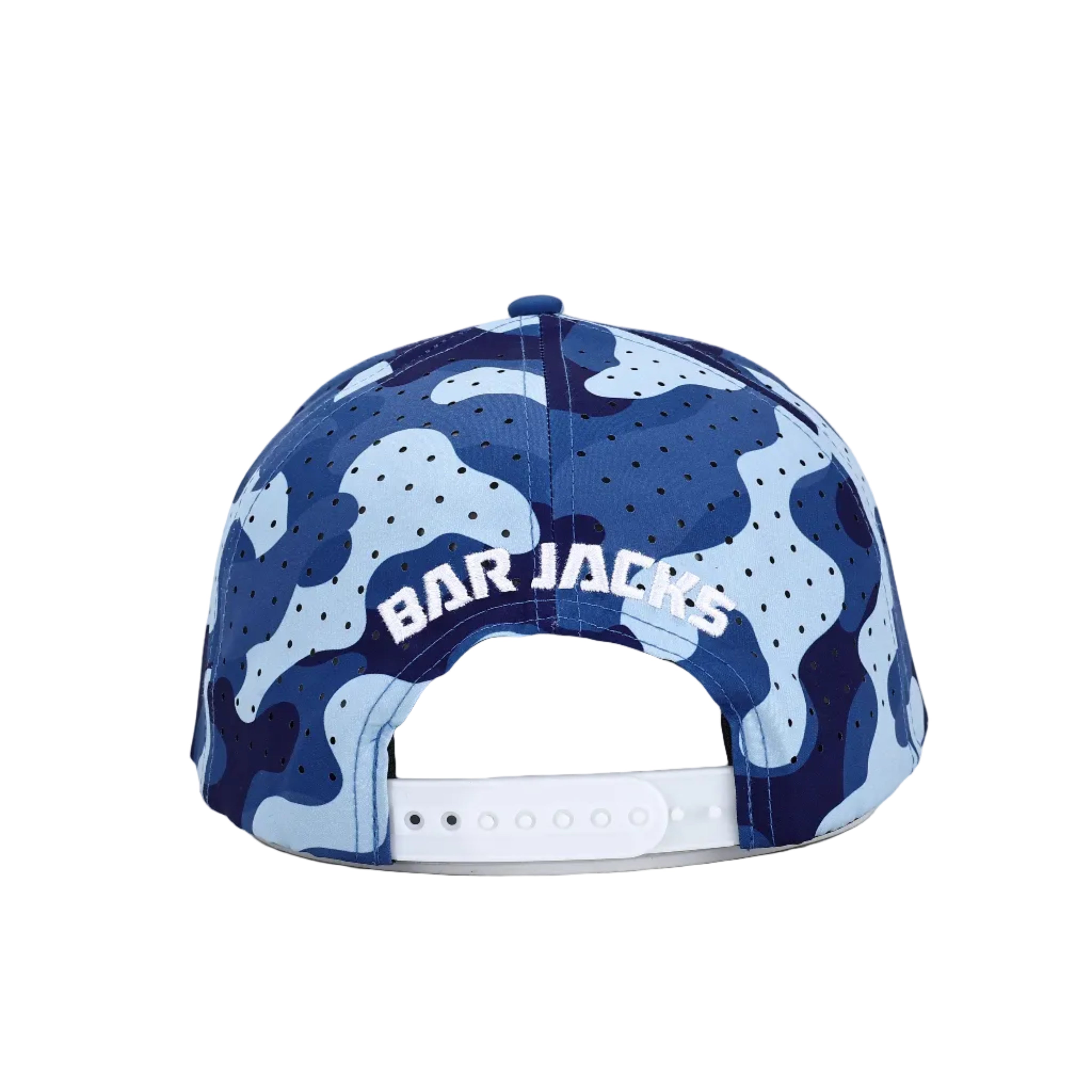 Blue camouflage fiahing cap with 'Bar Jacks' branding on a white background