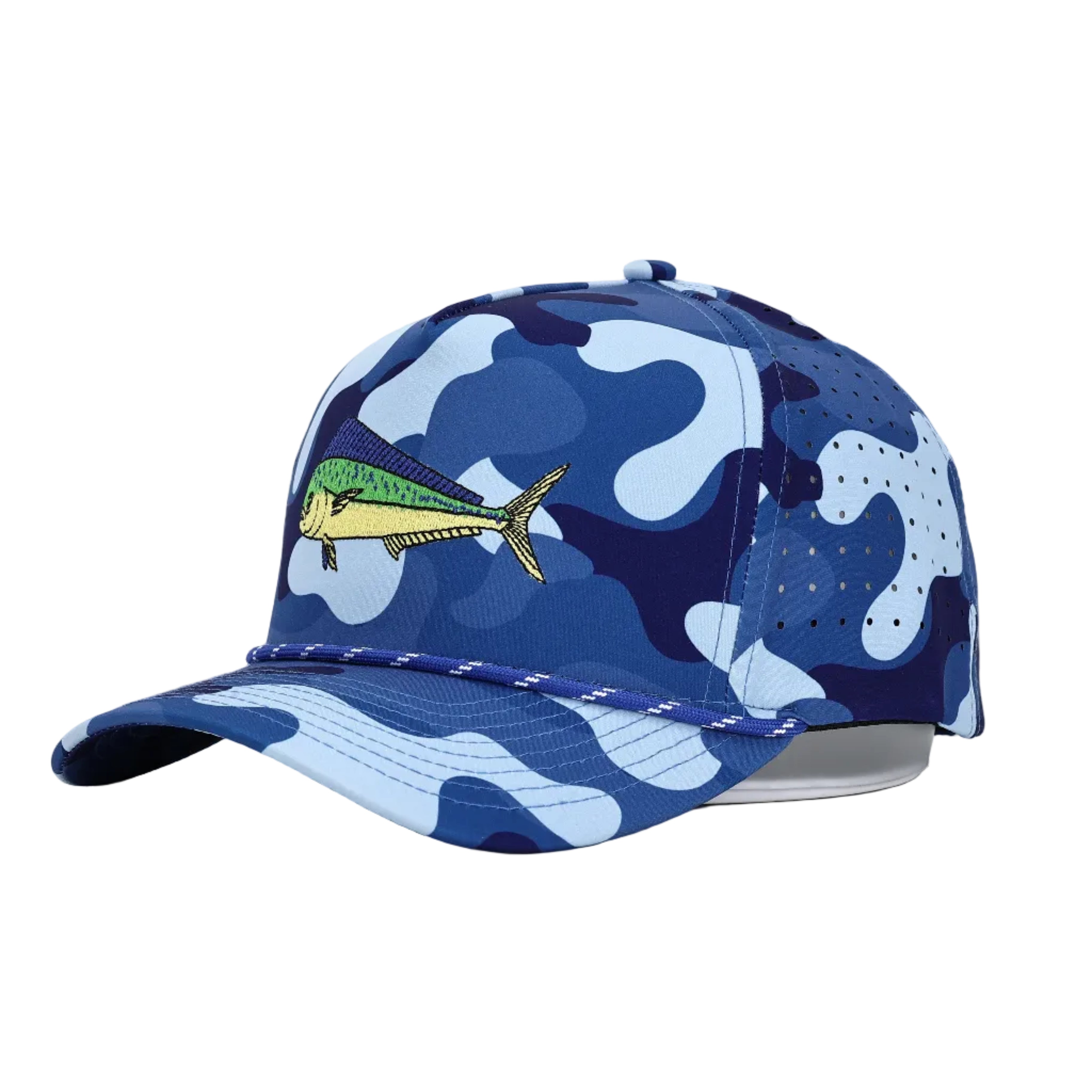 Blue camouflage cap with a fish design on a white background