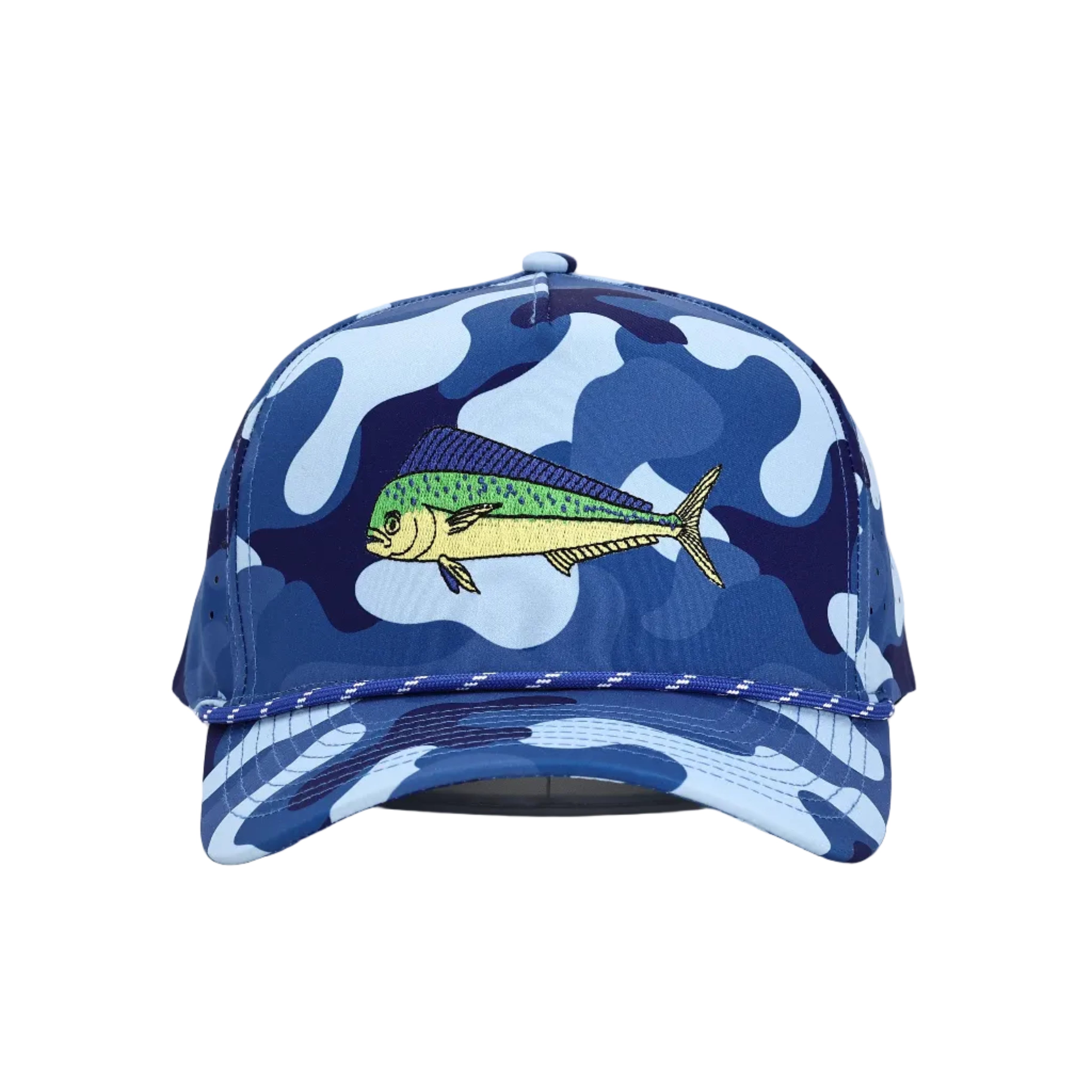Blue camouflage cap with a mahi design on a white background