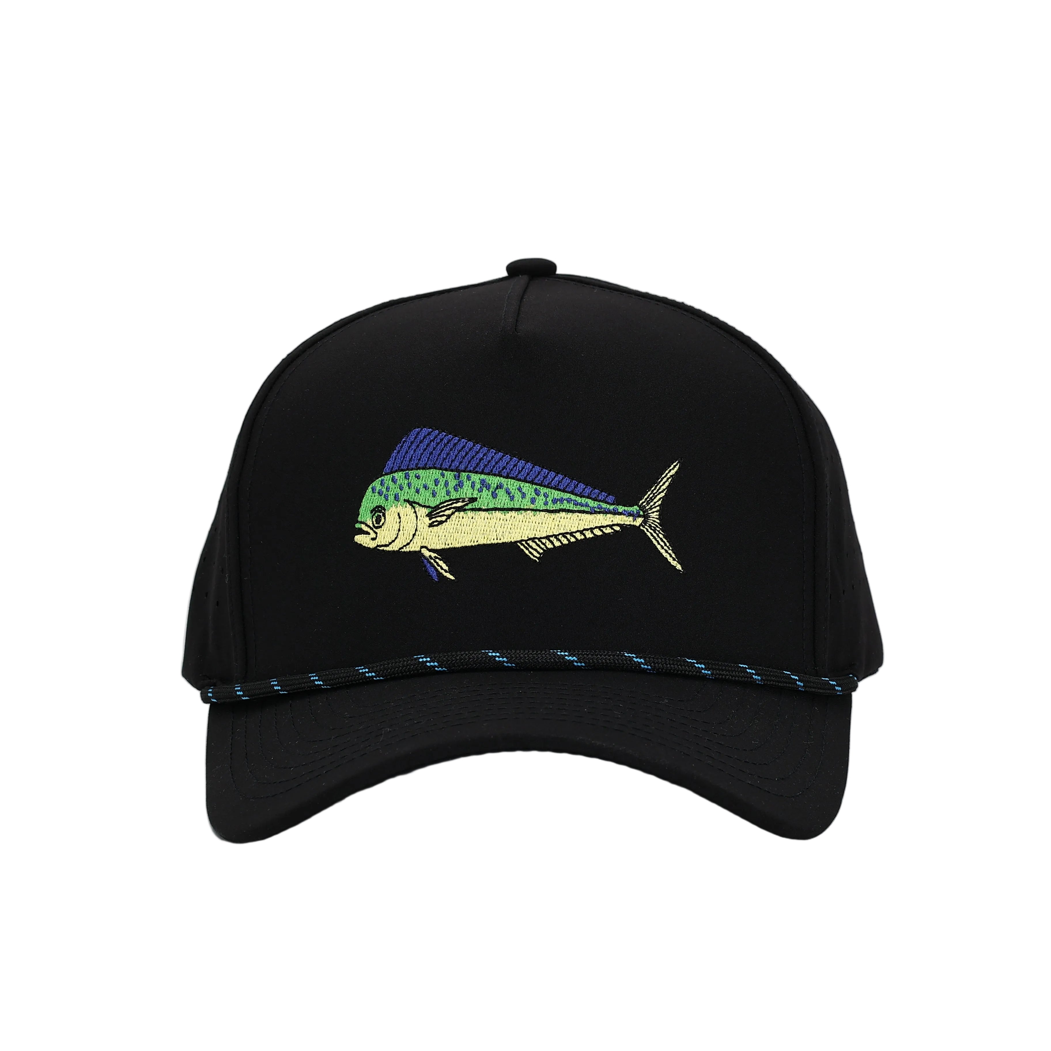 Black cap with fish embroidery on a white background