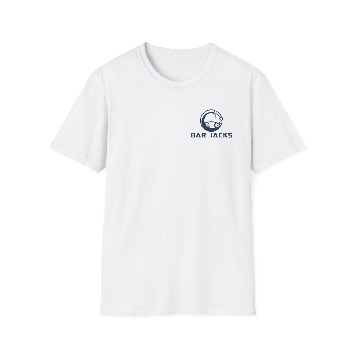 Bar Jacks white cotton tee, front with navy Bar Jacks chest logo