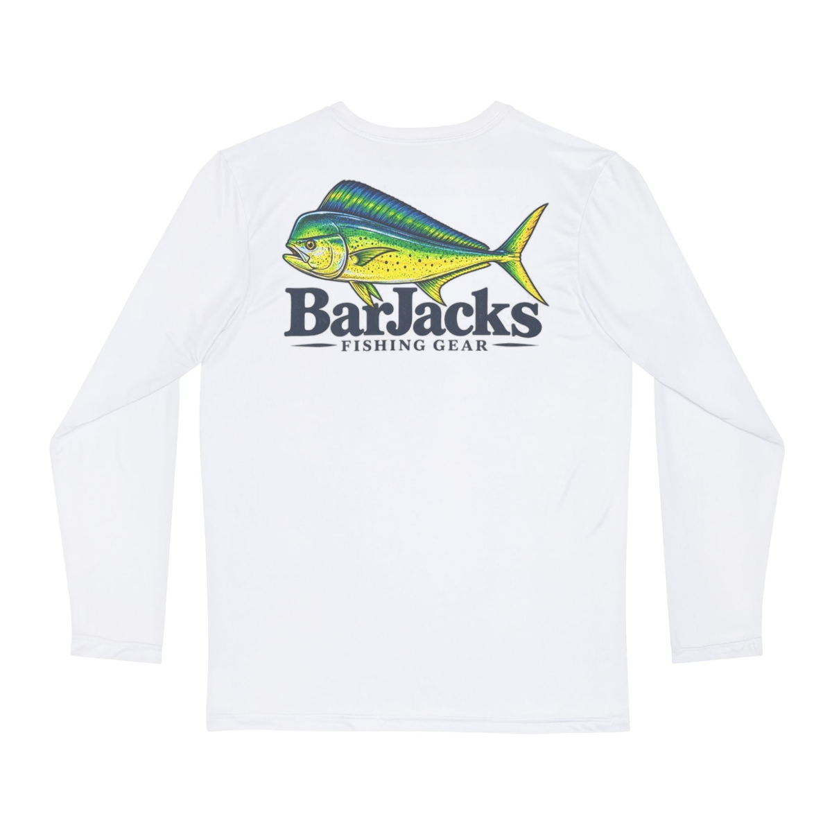 White Bar Jacks Mahi UPF performance long sleeve, back view with the bull mahi over Bar Jacks Fishing Gear logo