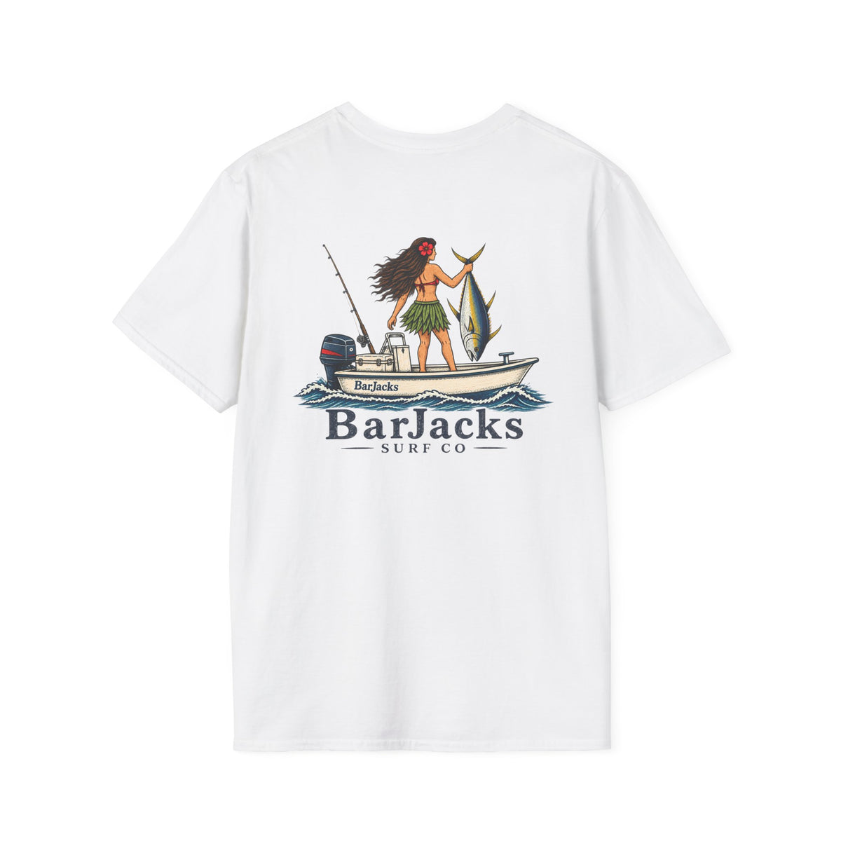Bar Jacks Surf Co Hula Girl Tuna T-Shirt, white, back print: hula girl on a Bar Jacks boat holding a yellowfin tuna