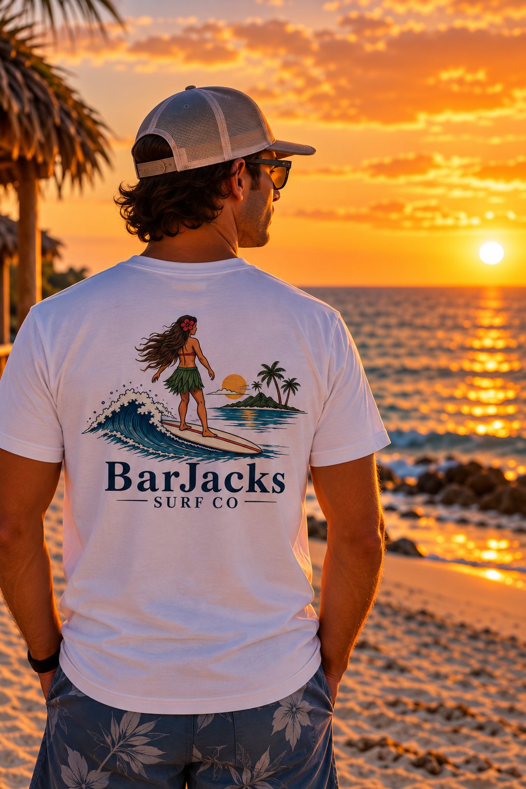 Man on the beach at sunset wearing the Bar Jacks Surf Co Hula Girl Surfer T-Shirt, back view