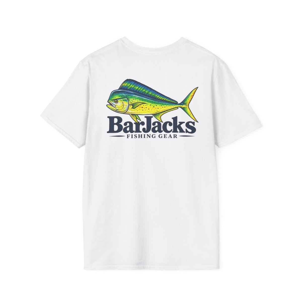 Bar Jacks Mahi cotton tee, white, back print — bull mahi over BarJacks Fishing Gear