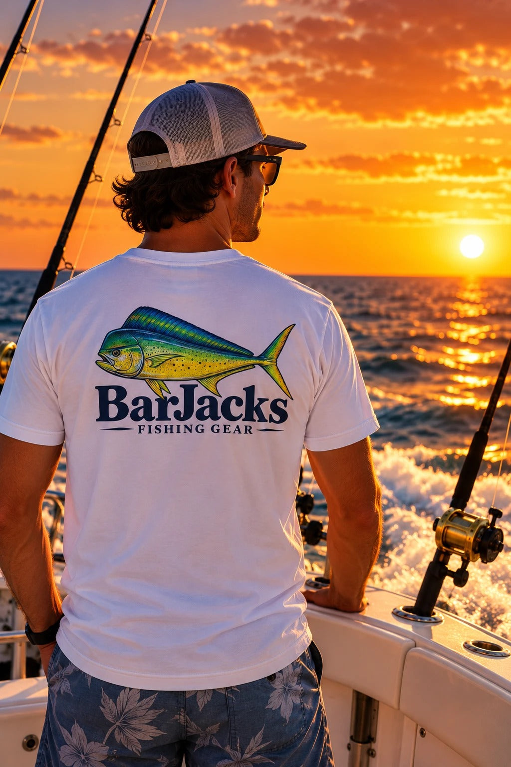Angler on a center console at sunset wearing the Bar Jacks Mahi tee, back view
