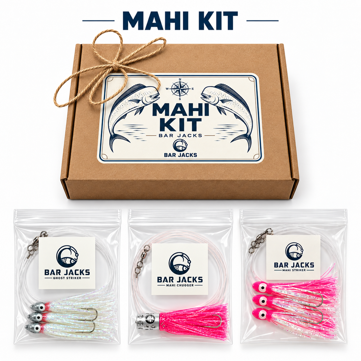 Bar Jacks Mahi Strike Kit gift box with three rigged mahi trolling lures: Mahi Ghost Striker, Mahi Chugger and Mahi Striker