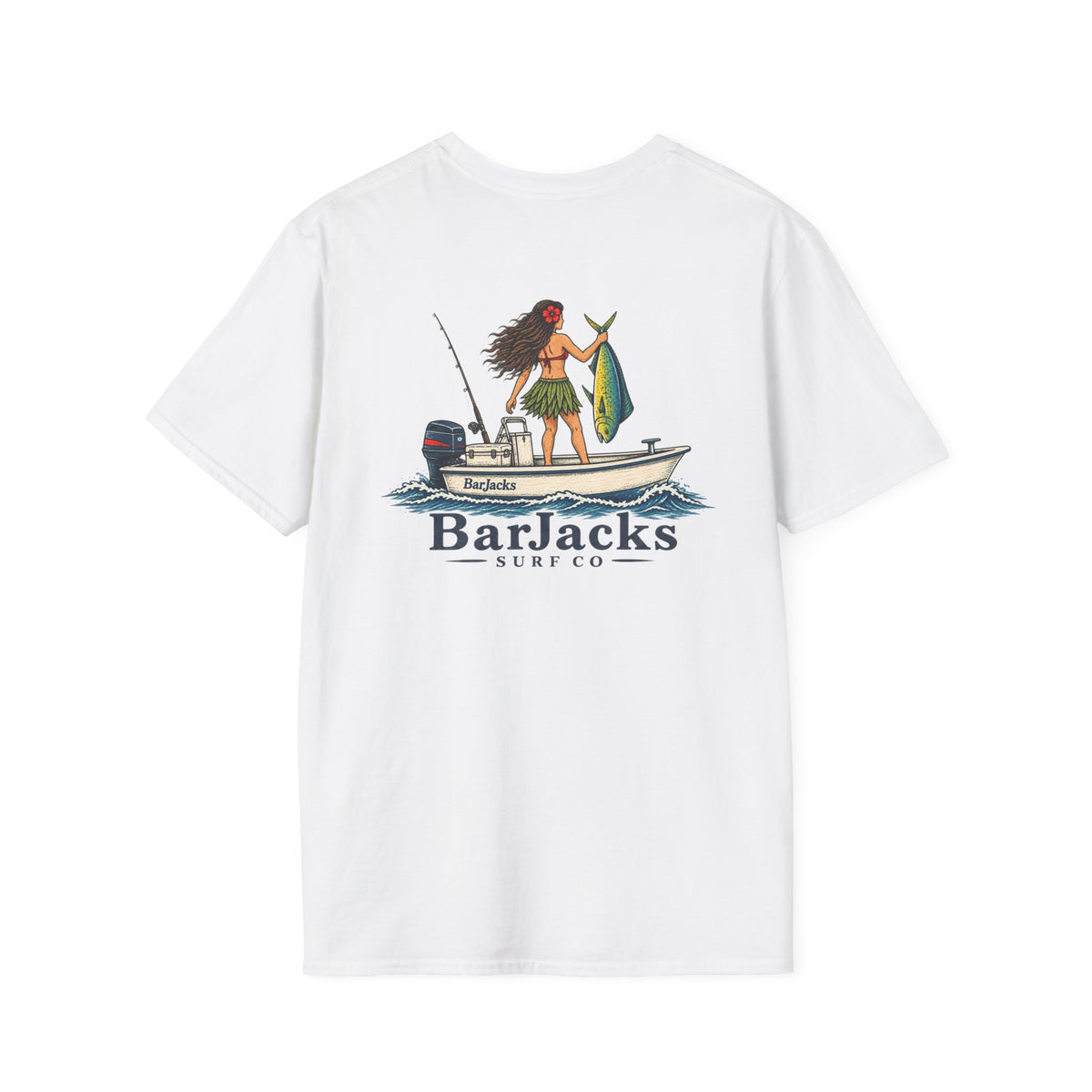 Bar Jacks Surf Co Hula Girl Mahi T-Shirt, white, back print: hula girl on a Bar Jacks boat holding a mahi-mahi
