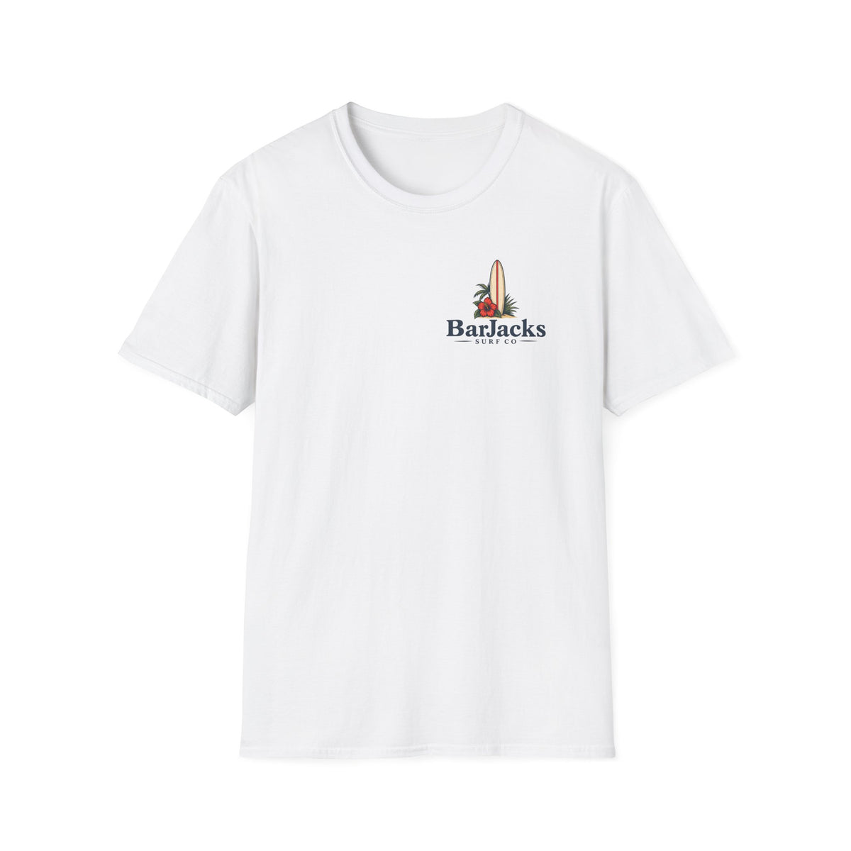 Bar Jacks Surf Co Hula Girl Tuna T-Shirt, white, front with left-chest surfboard and hibiscus logo