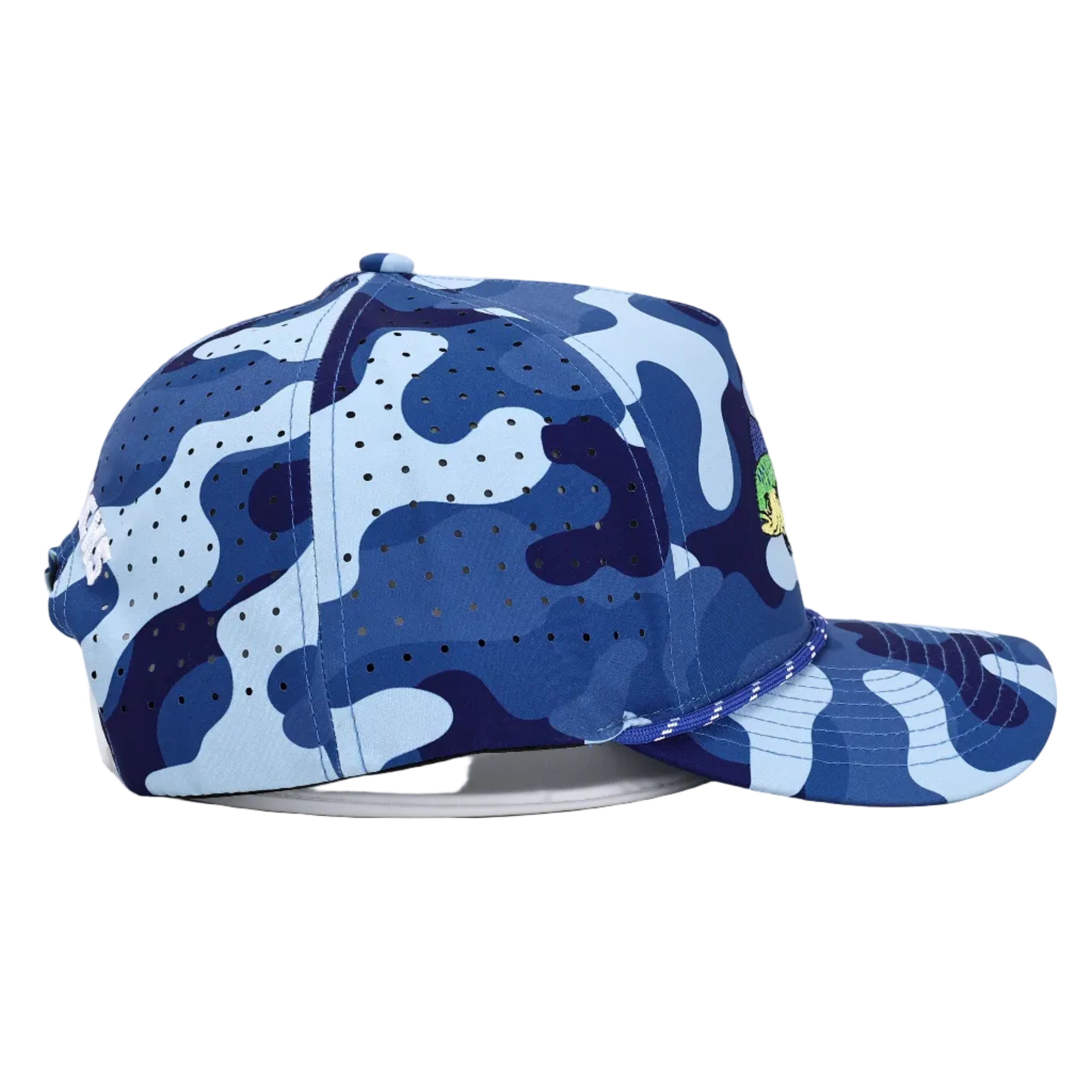 Blue camouflage fishing cap on a white background