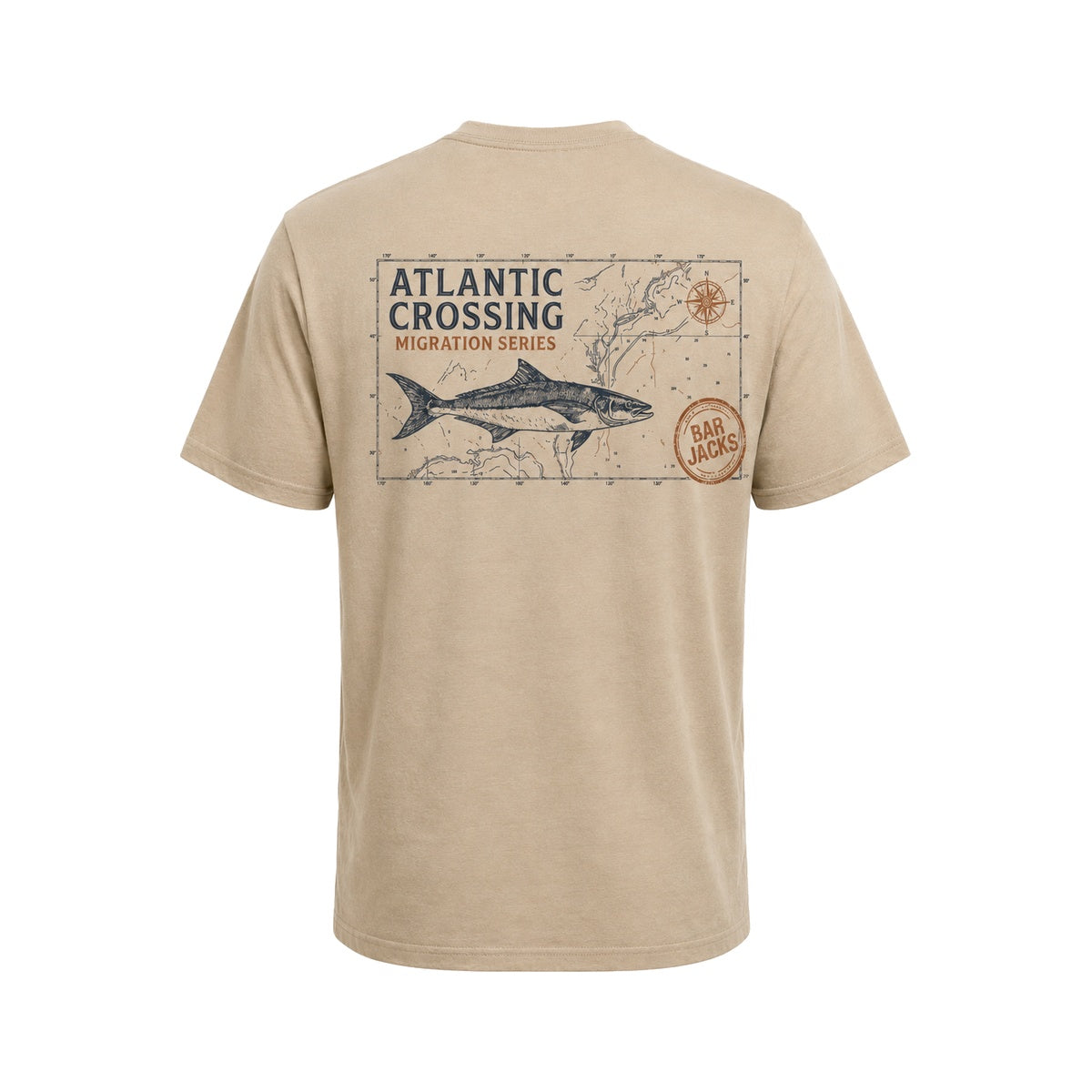 Atlantic Crossing Cobia Cotton Tee — tan fishing t-shirt with migration series cobia back print
