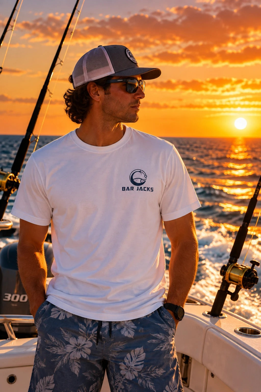 Angler on a boat at sunset wearing a white Bar Jacks cotton tee, front chest logo