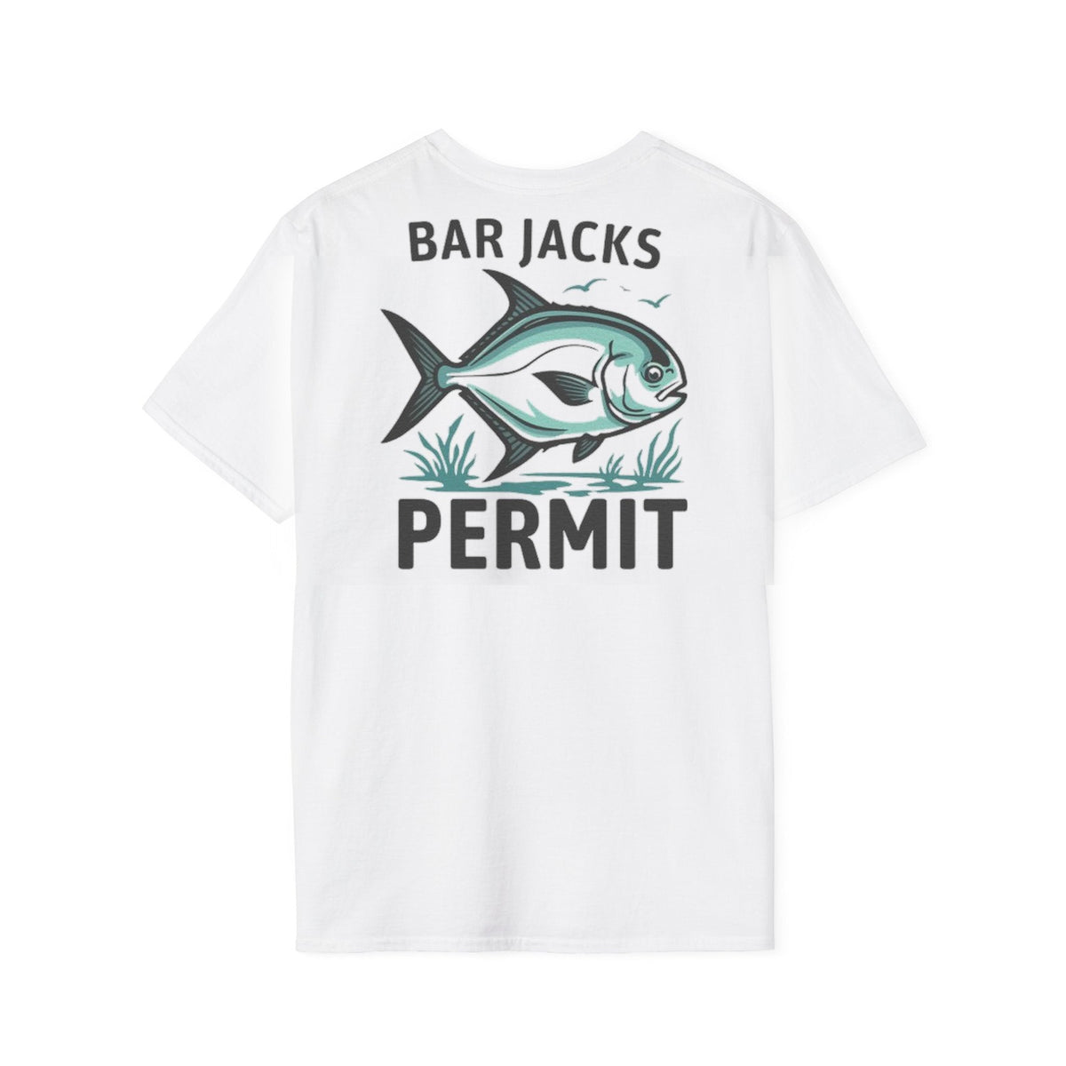 Bar Jacks Permit cotton tee, white, back print — permit fish with BAR JACKS PERMIT lettering