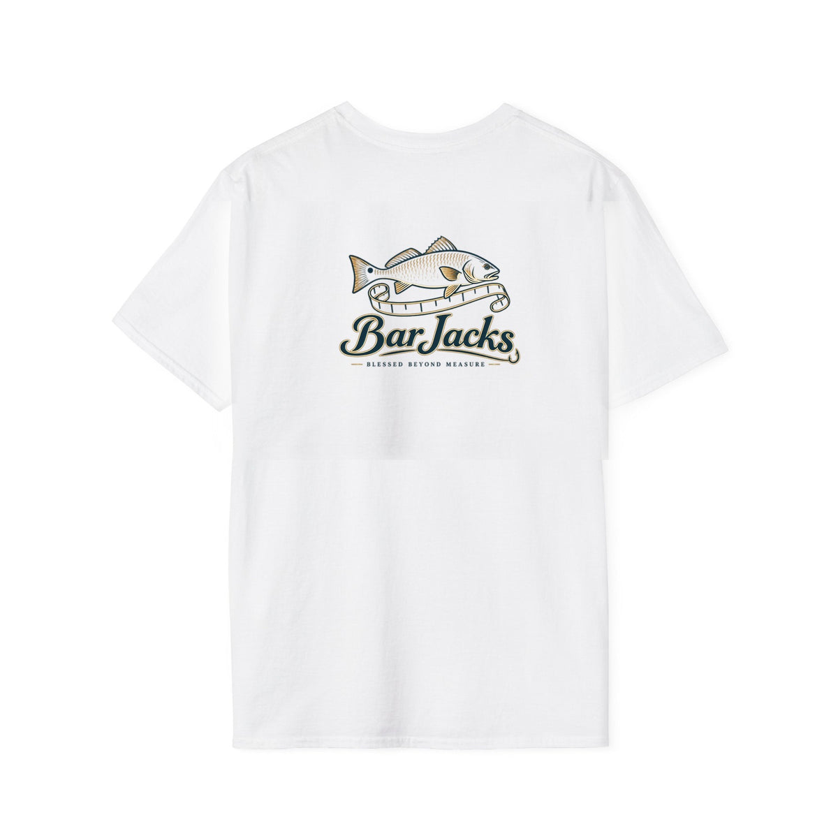 Blessed Beyond Measure men's cotton tee, back view - 14 inch redfish and measuring tape print across the upper back of a white heavyweight Christian fishing t-shirt