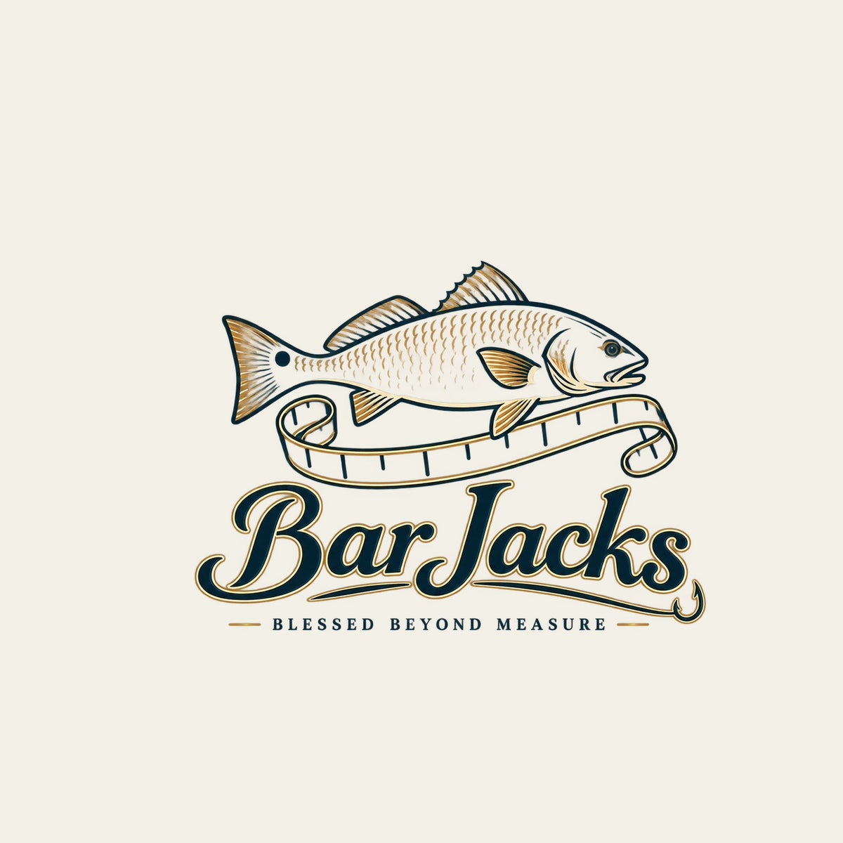 Blessed Beyond Measure back-print graphic detail - redfish over a curling tape measure with Bar Jacks script and hook