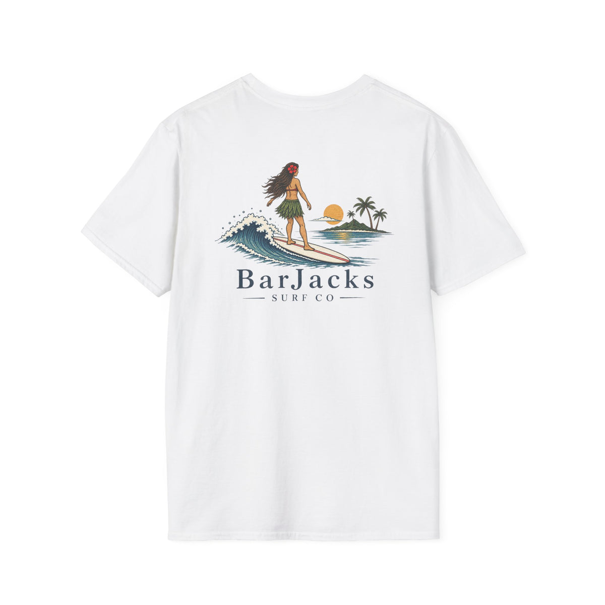 Bar Jacks Surf Co Hula Girl Surfer T-Shirt, white, back print: hula girl surfing a wave toward a palm tree island at sunset