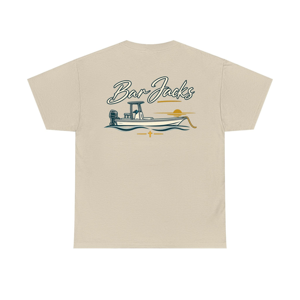 Bar Jacks Center Console Sunset men's cotton tee, back view - 14 inch boat, sunset and cross print across the upper back of a tan heavyweight tee