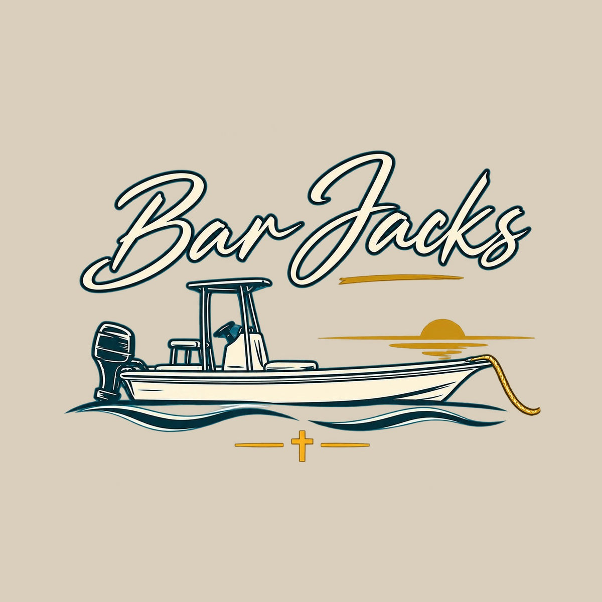 Center Console Sunset back-print graphic detail - Bar Jacks script, boat on waves, setting sun and cross on tan