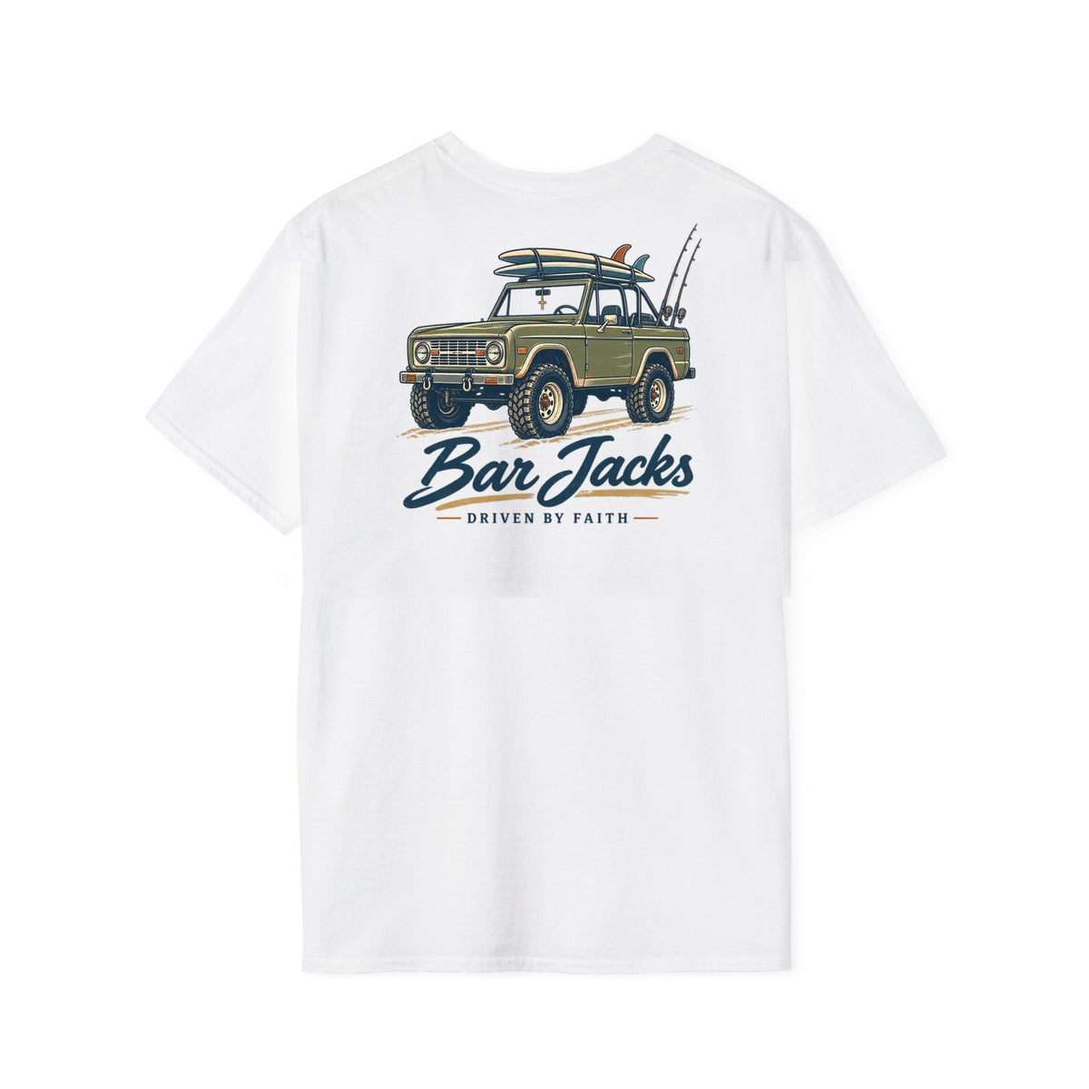 Driven By Faith men's cotton tee, back view - 14 inch vintage 4x4 with surfboards and rods print across the upper back of a white heavyweight tee