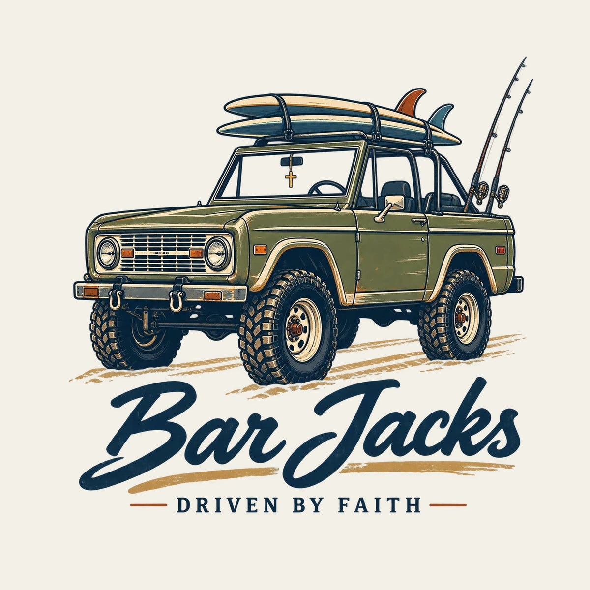 Driven By Faith back-print graphic detail - olive 4x4 loaded with boards and rods over Bar Jacks script