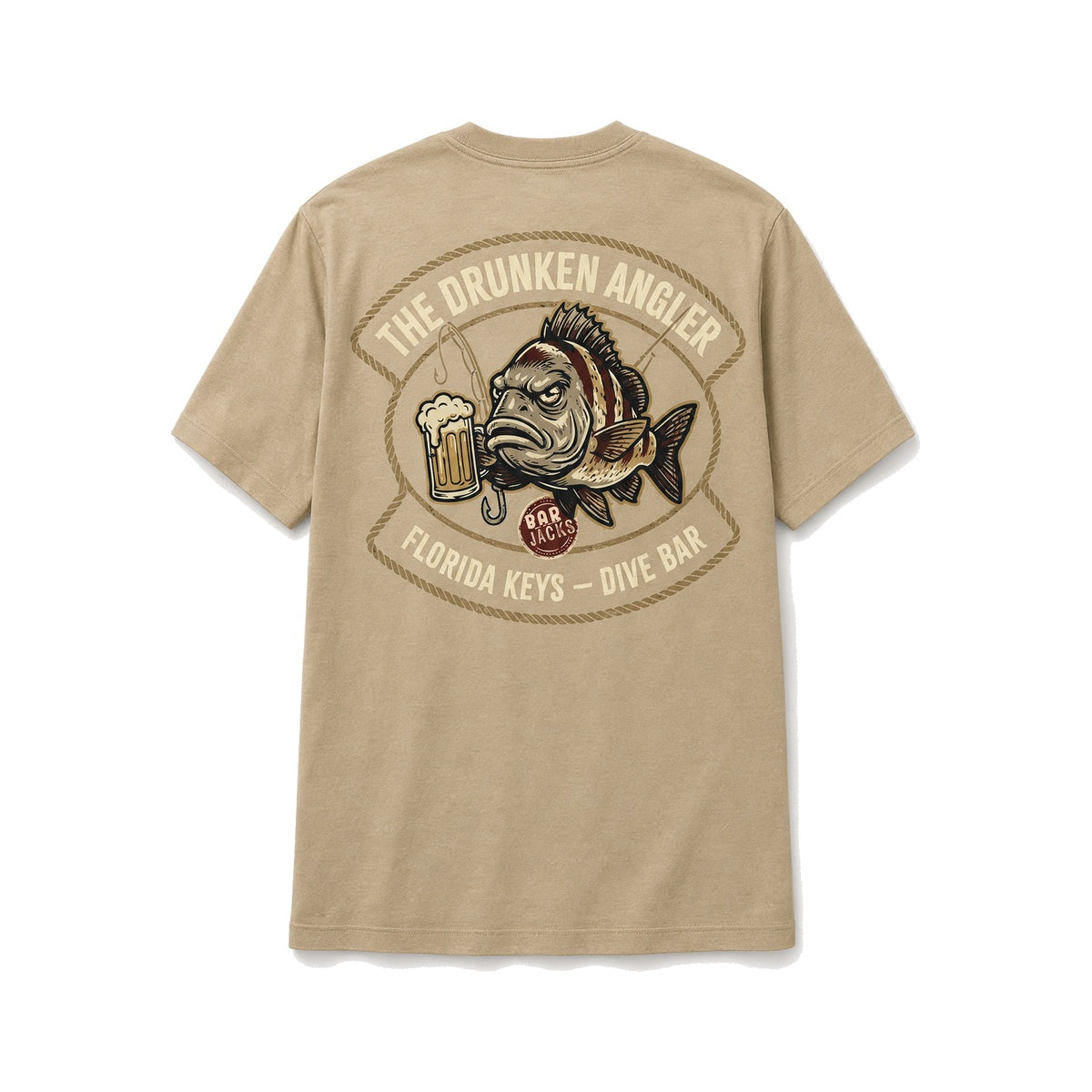 The Drunken Angler Cotton Tee — tan fishing t-shirt with Florida Keys dive bar back print