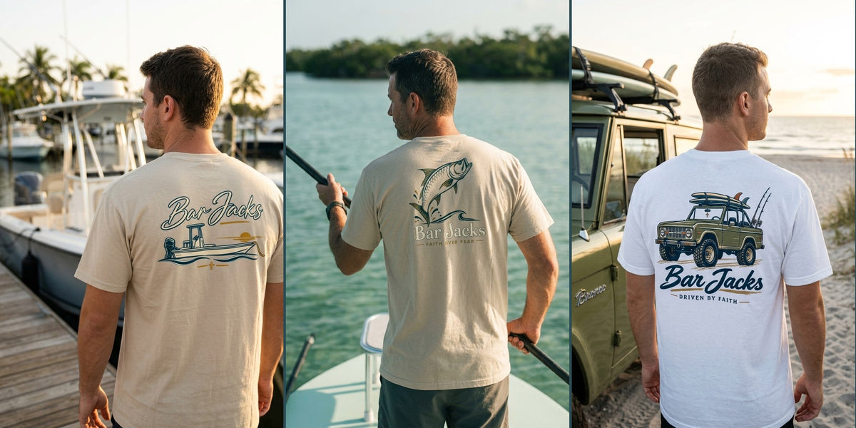 Bar Jacks Faith Collection - three men wearing the new back-print faith fishing tees on the dock, the flats and the beach