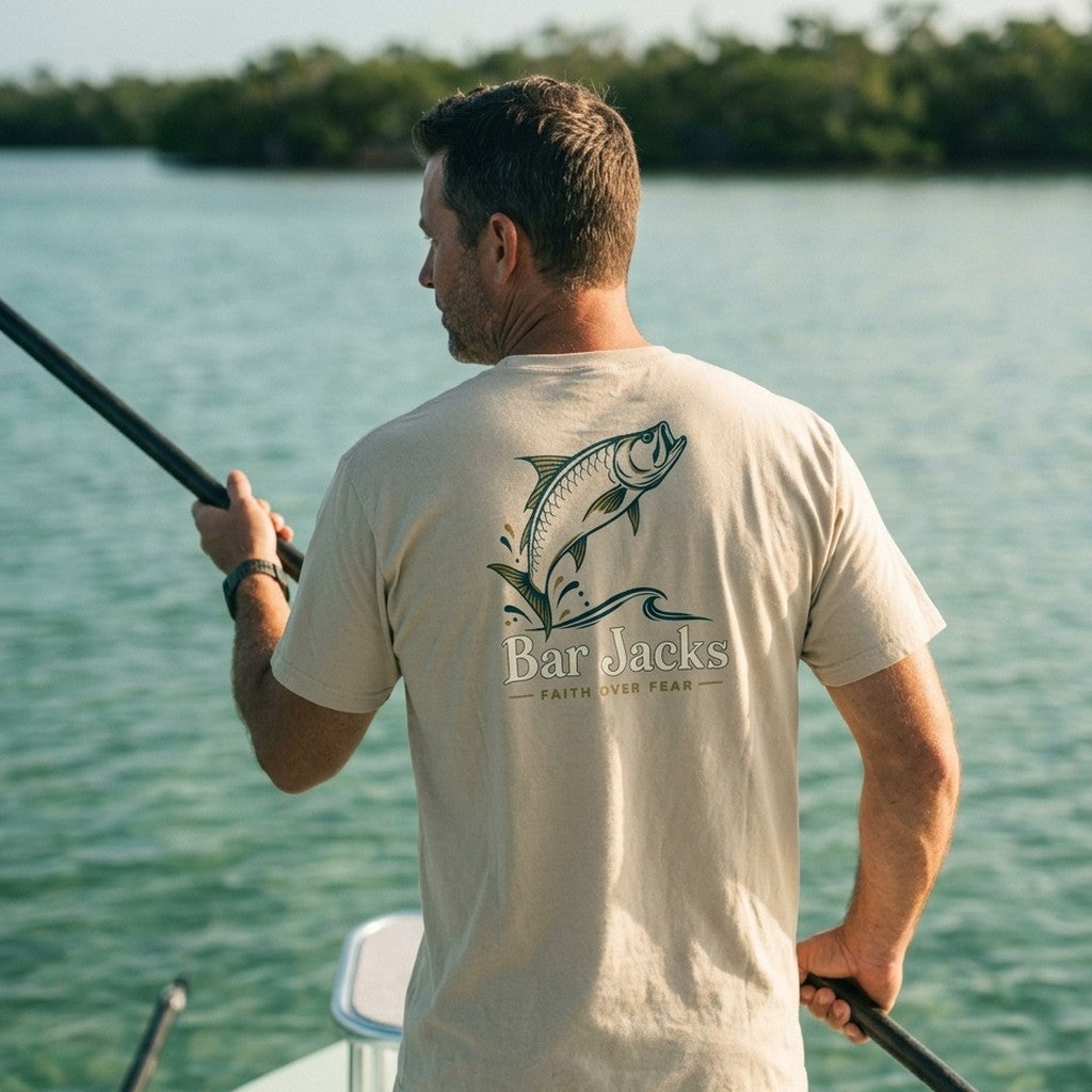 Bar Jacks Faith Collection - Faith Over Fear tee on a flats skiff