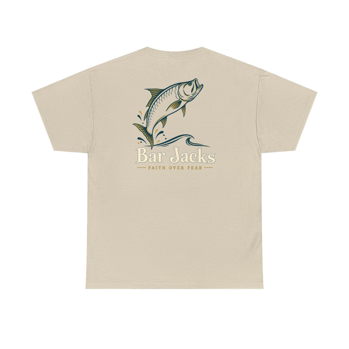 Faith Over Fear men's cotton tee, back view - 14 inch leaping tarpon print across the upper back of a tan heavyweight Christian fishing t-shirt