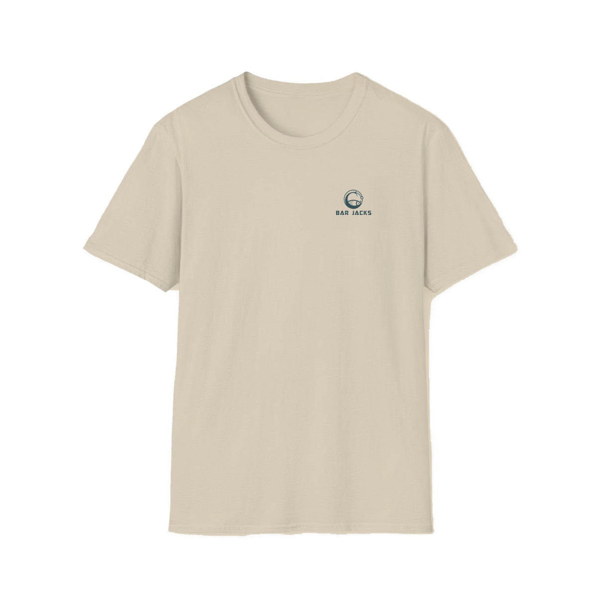 Bar Jacks tan cotton tee, front view with small Bar Jacks chest logo