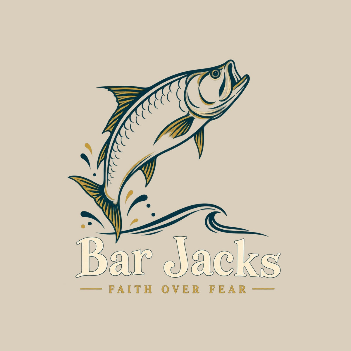 Faith Over Fear back-print graphic detail - jumping tarpon, splash and wave with Bar Jacks lettering on tan