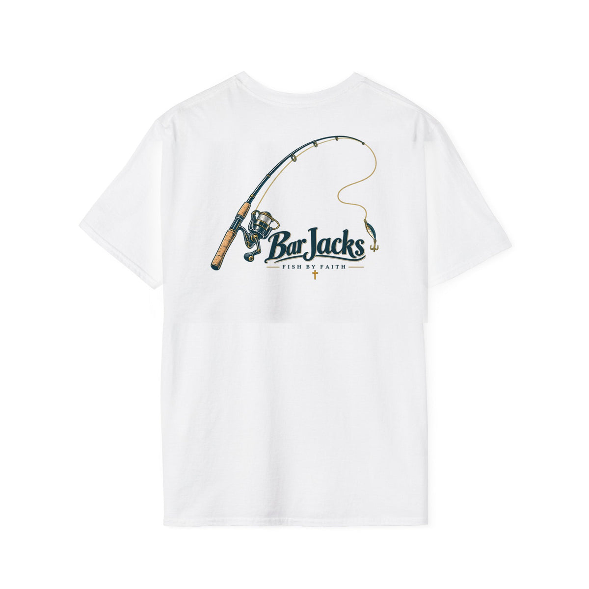 Fish By Faith men's cotton tee, back view - 14 inch bent rod, spinning reel, lure and cross print across the upper back of a white heavyweight Christian fishing t-shirt