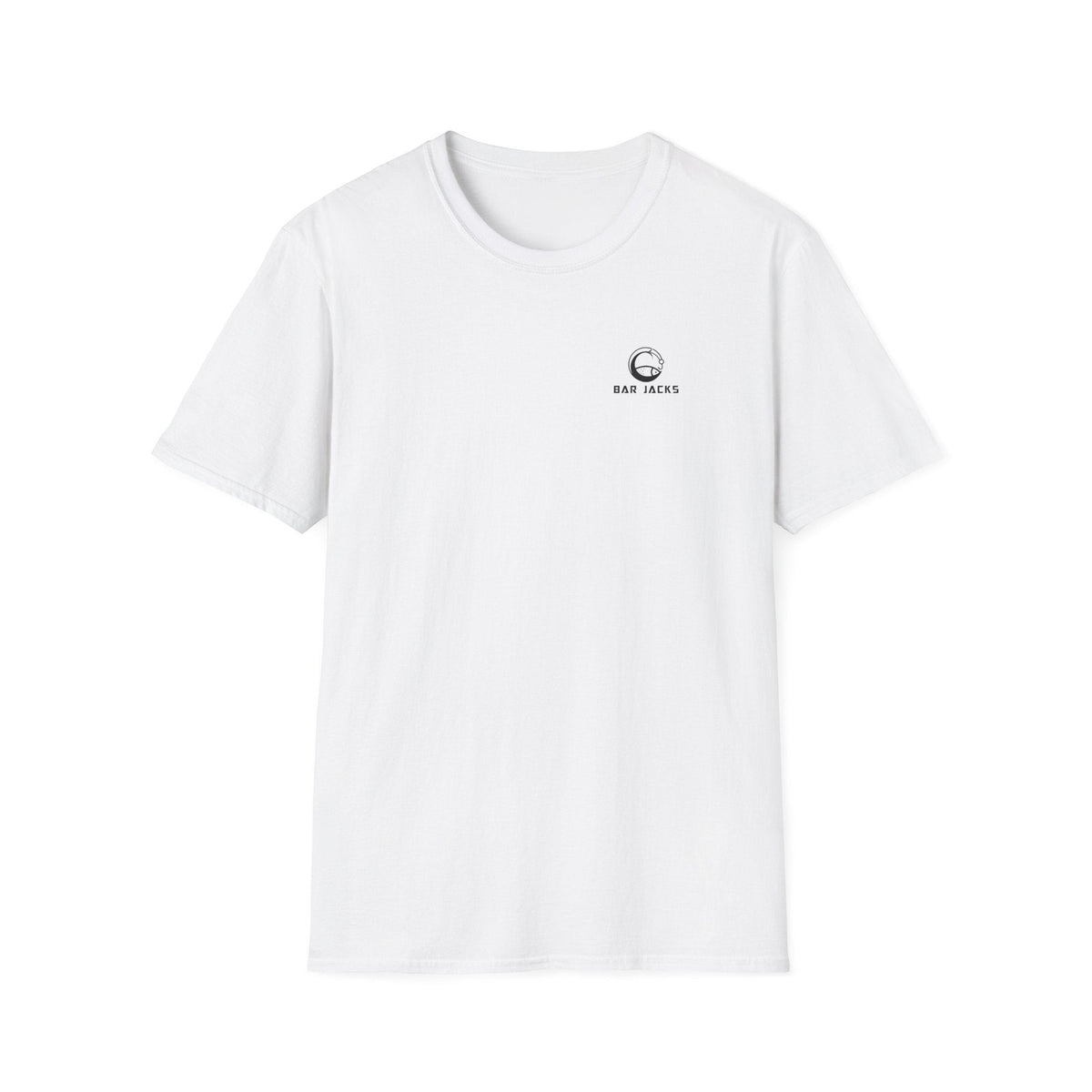 Bar Jacks white cotton tee, front view with small Bar Jacks chest logo