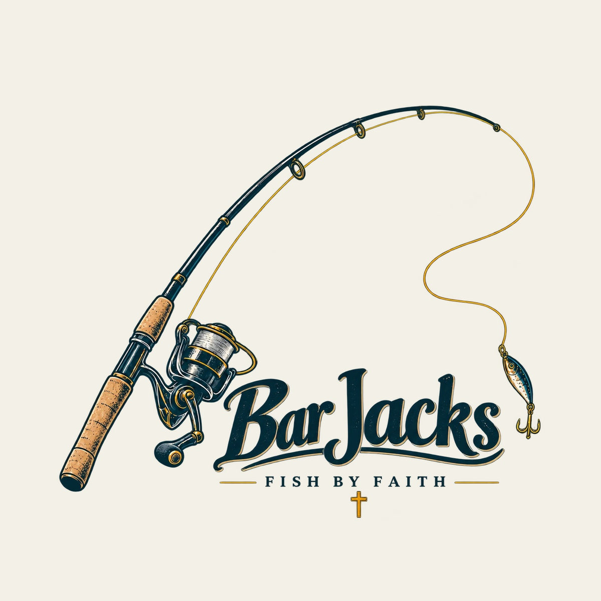 Fish By Faith back-print graphic detail - rod and reel with Bar Jacks script and gold cross