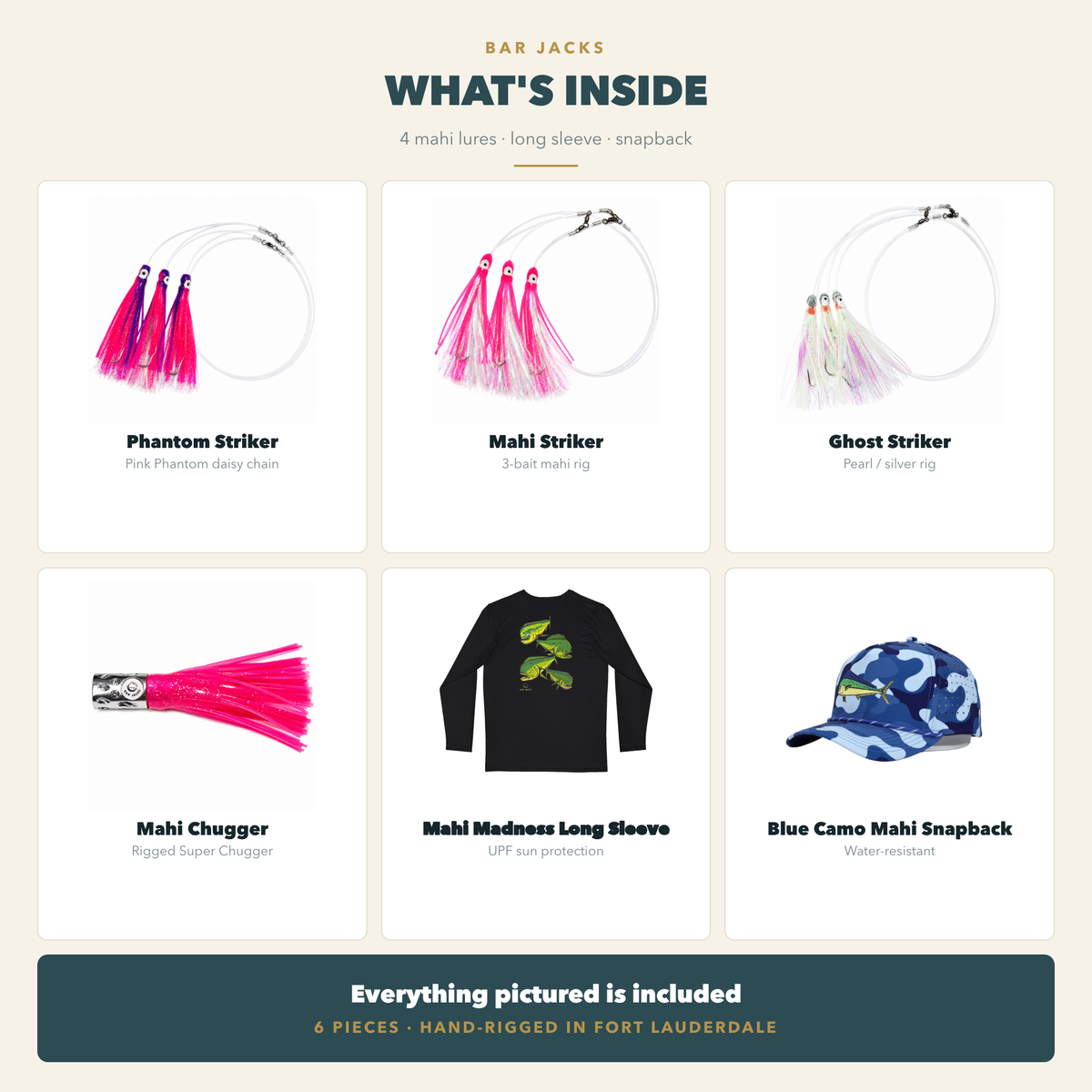 What's inside The Mahi Box — Phantom Striker, Mahi Striker, Ghost Striker, Mahi Chugger, black Mahi Madness UPF long sleeve and Blue Camo Mahi snapback
