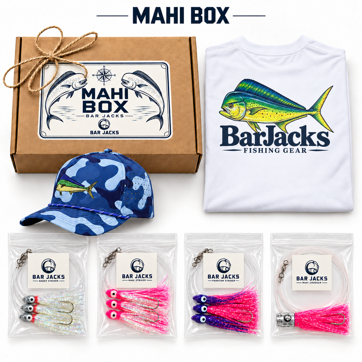 The Mahi Box by Bar Jacks: four rigged mahi trolling lures, white Bar Jacks Mahi UPF long sleeve and Blue Camo Mahi snapback in a gift box