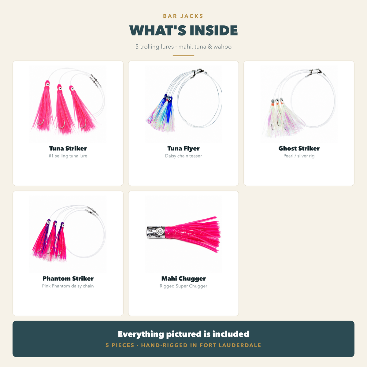 What's inside the Offshore Strike Kit — five hand-rigged trolling lures