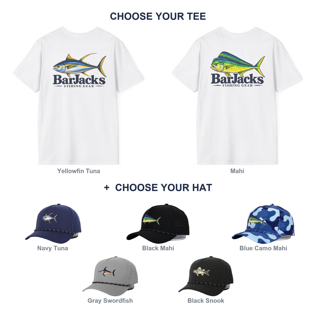Bar Jacks Shirt & Hat Box — choose the Yellowfin Tuna or Mahi cotton tee plus one of five Bar Jacks performance snapback hats