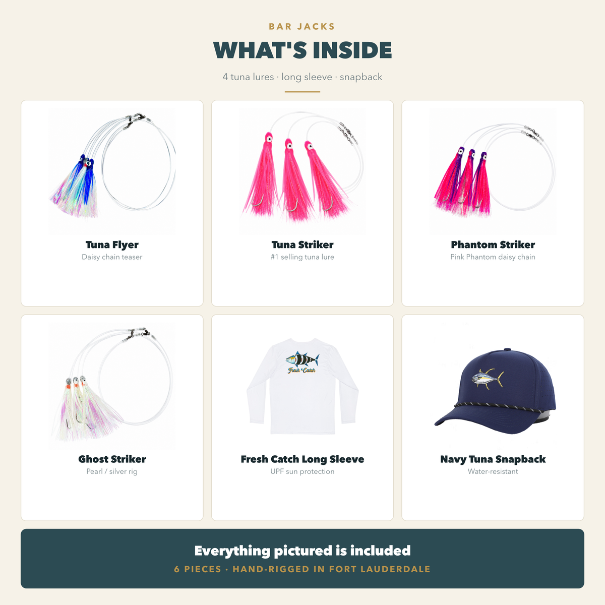 What's inside The Tuna Box — Tuna Flyer, Tuna Striker, Phantom Striker, Ghost Striker, Fresh Catch Long Sleeve and Navy Tuna snapback