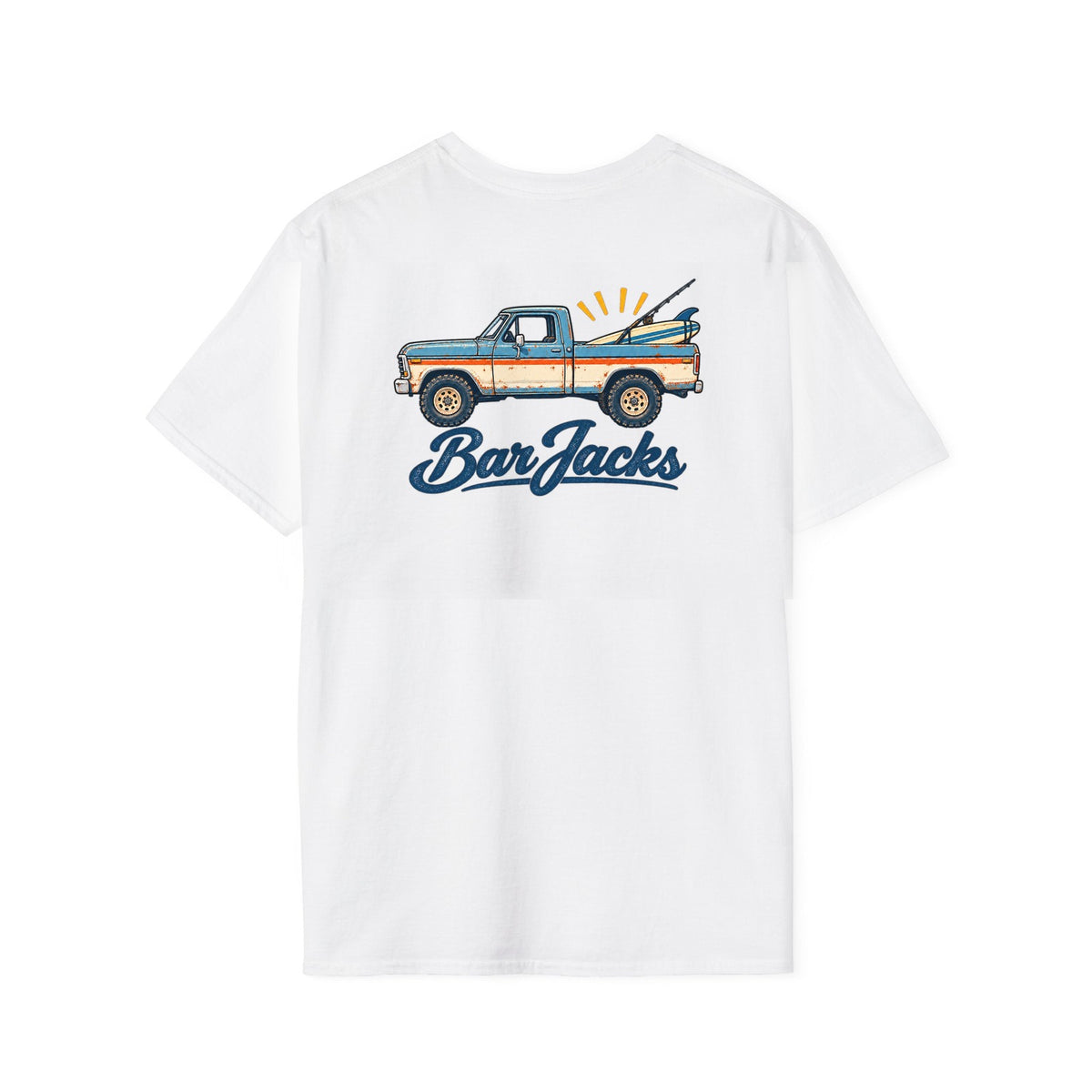 Bar Jacks Vintage Beach Truck men's cotton tee, back view - 14 inch retro pickup with surfboard and fishing rod print across the upper back of a white heavyweight tee