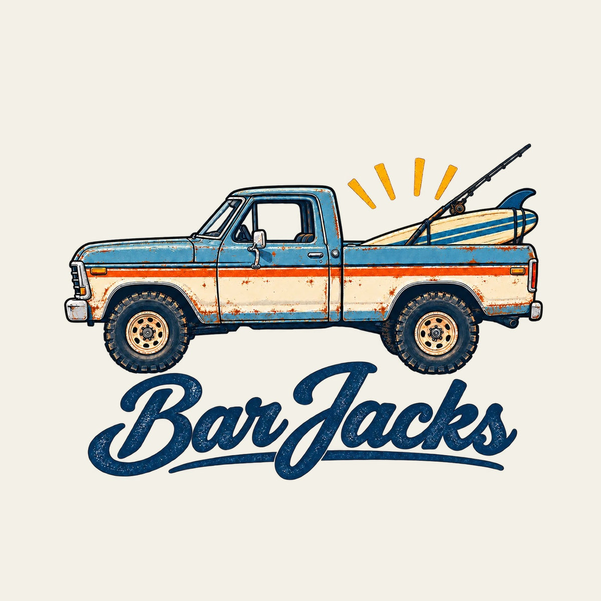 Vintage beach truck back-print graphic detail - two-tone pickup, striped surfboard, spinning rod and Bar Jacks script