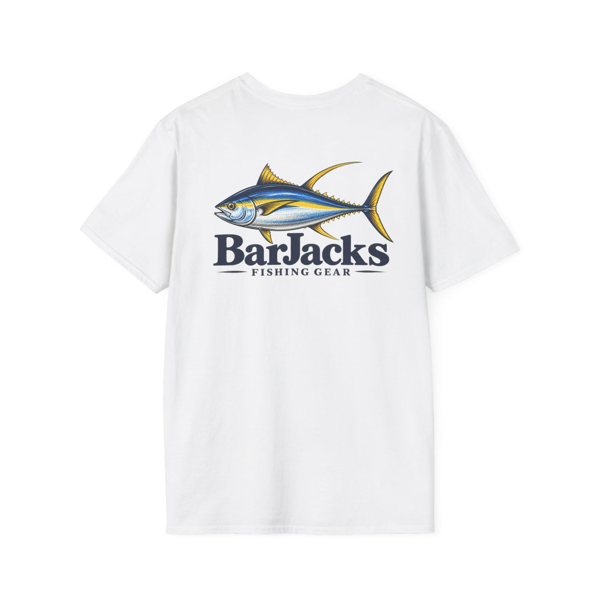 Bar Jacks Yellowfin Tuna cotton tee, white, back print — yellowfin tuna over BarJacks Fishing Gear