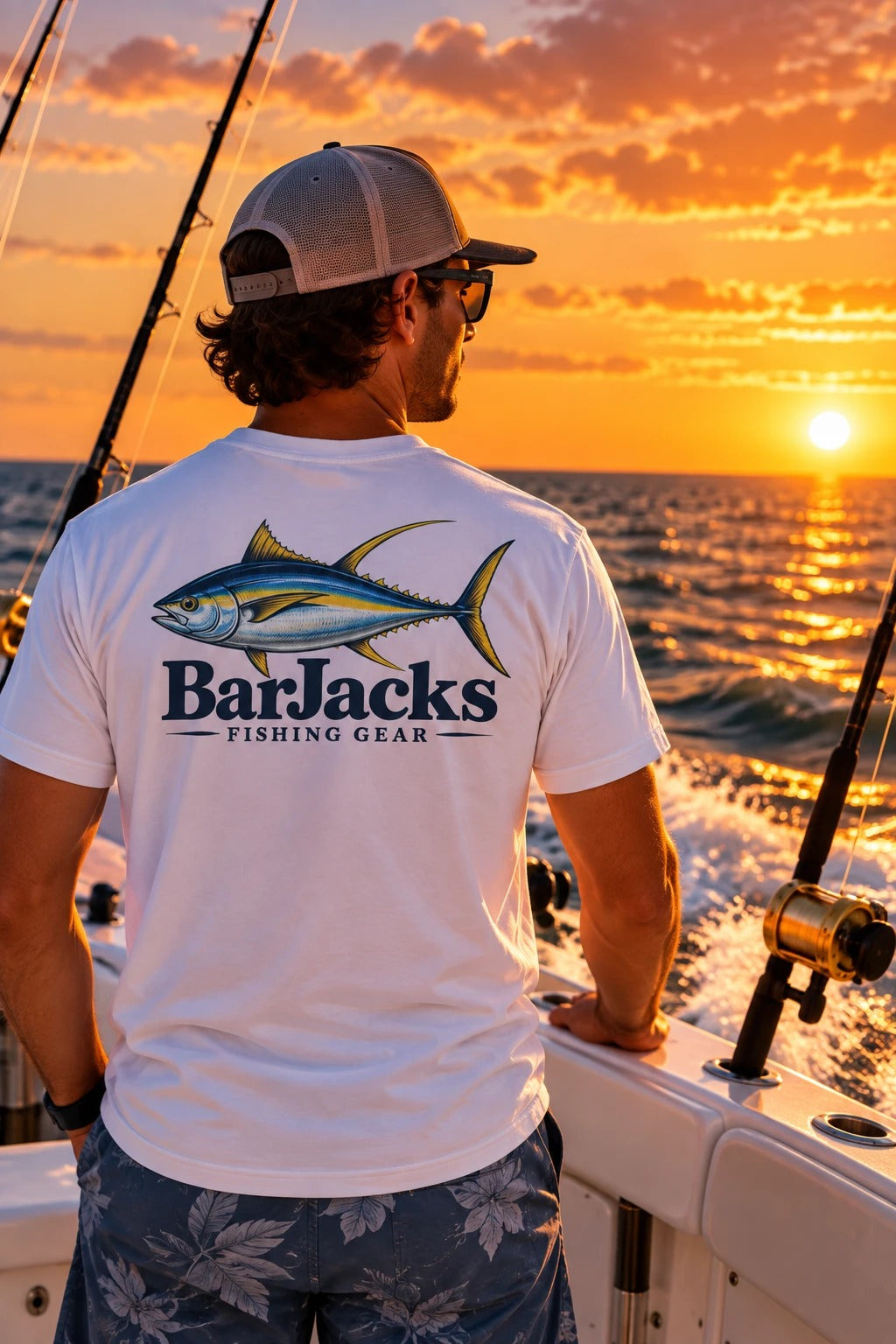 Angler on a center console at sunset wearing the Bar Jacks Yellowfin Tuna tee, back view